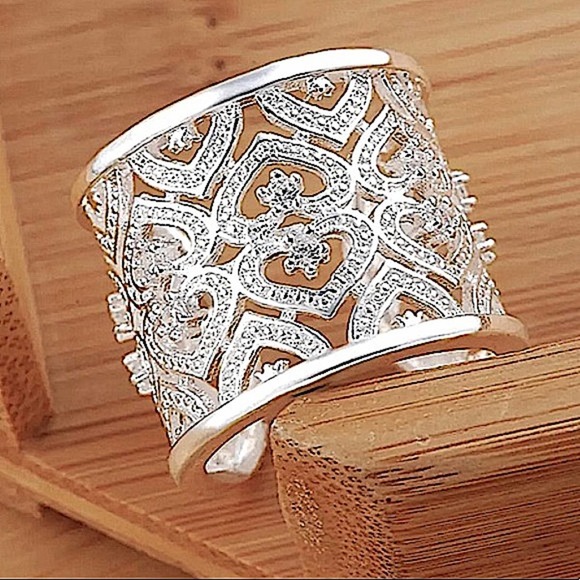 NEW STERLING SILVER WIDE BAND ZIRCONIA HEART CUFF RING - Picture 10 of 12